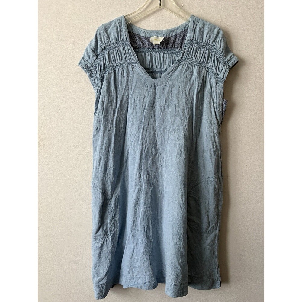 Anthropologie Maeve Blue Linen Blend Jacquard Smocked Shift Dress M Pockets
